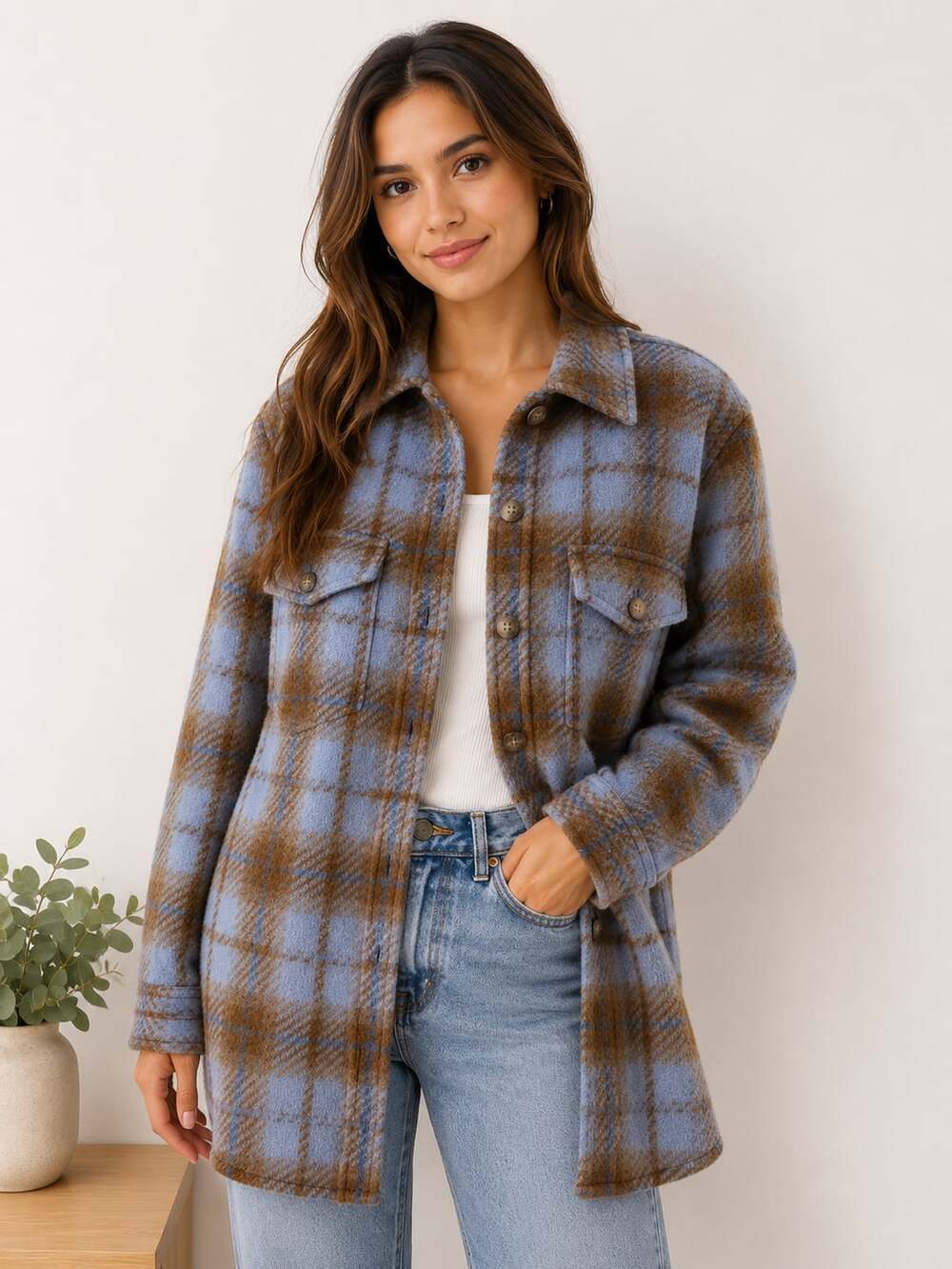 Aritzia Wilfred Free Wool Blend Plaid Shacket Jacket Blue Brown Medium